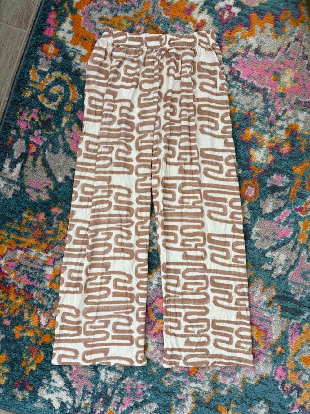 Neutral Geometric Print Wide-Leg Pants - Cream & Tan